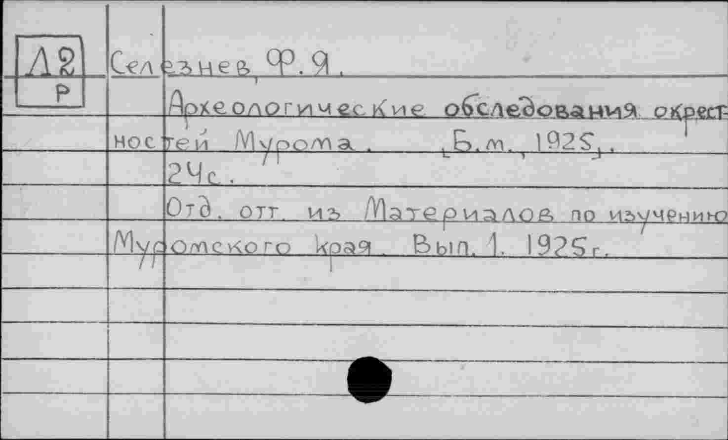 ﻿/\%		Сед	12>НЄ& Ф. 9 .
	р_			археологические обследований sKpçct
		нос	геи Муродо а. .	LB./n. 192SJt
			2Че. ,]
			ОтЗ. оут. из Материалов по изччрнию
		Мус	омского края . Вып. 1. 192Sr.
		/т	
			
			
			И
			